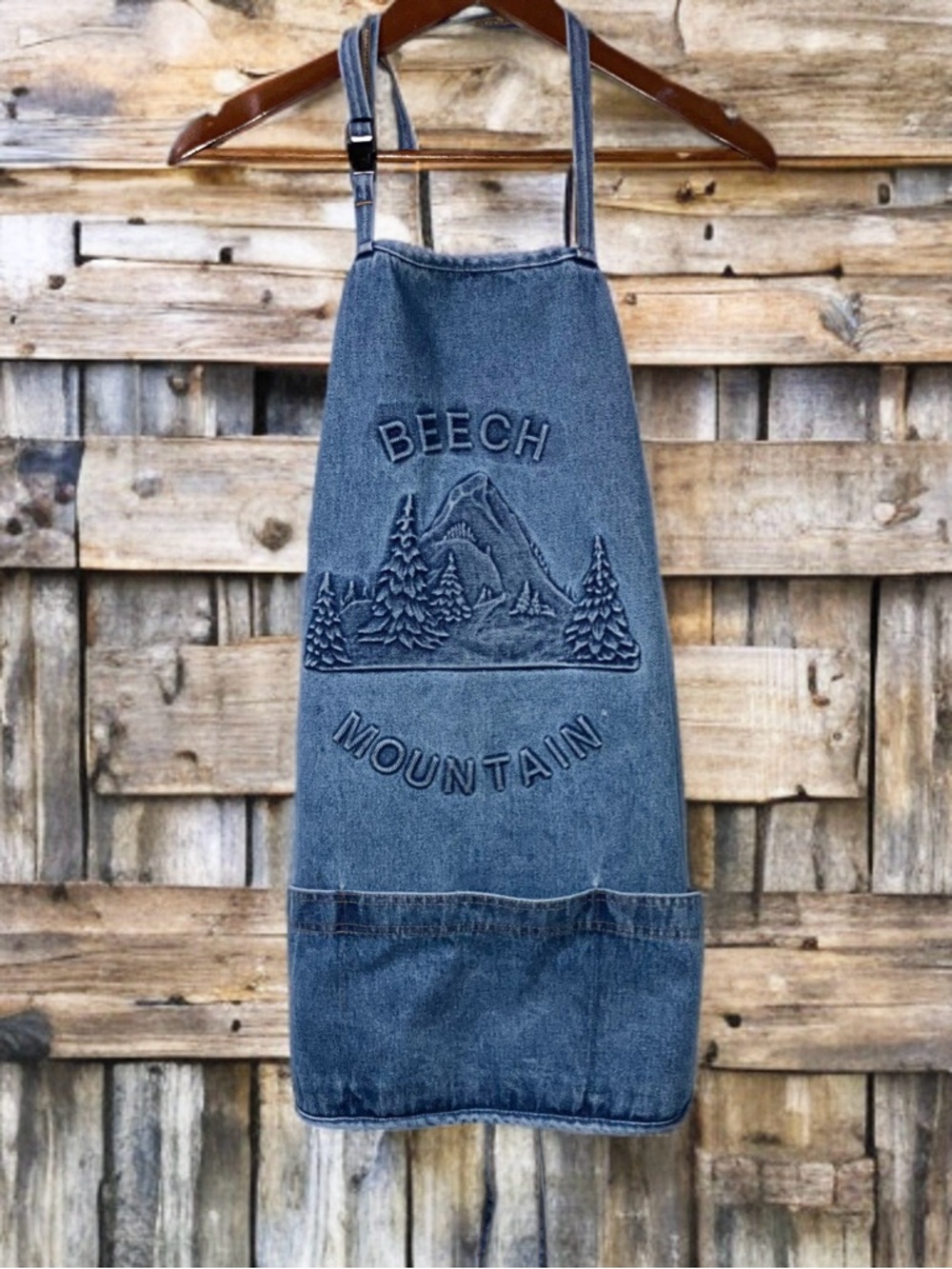 Vintage VTG Beech Mountain NC Embossed Apron Made In USA Blue Denim Cotton OS